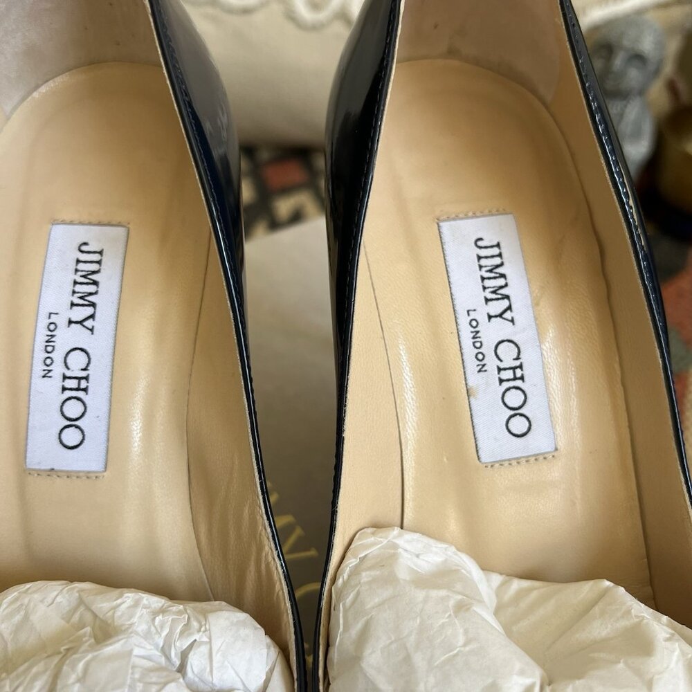 Jimmy Choo MEI Navy Patent Leather Almond Toe Pump Heels - Picture 14 of 15